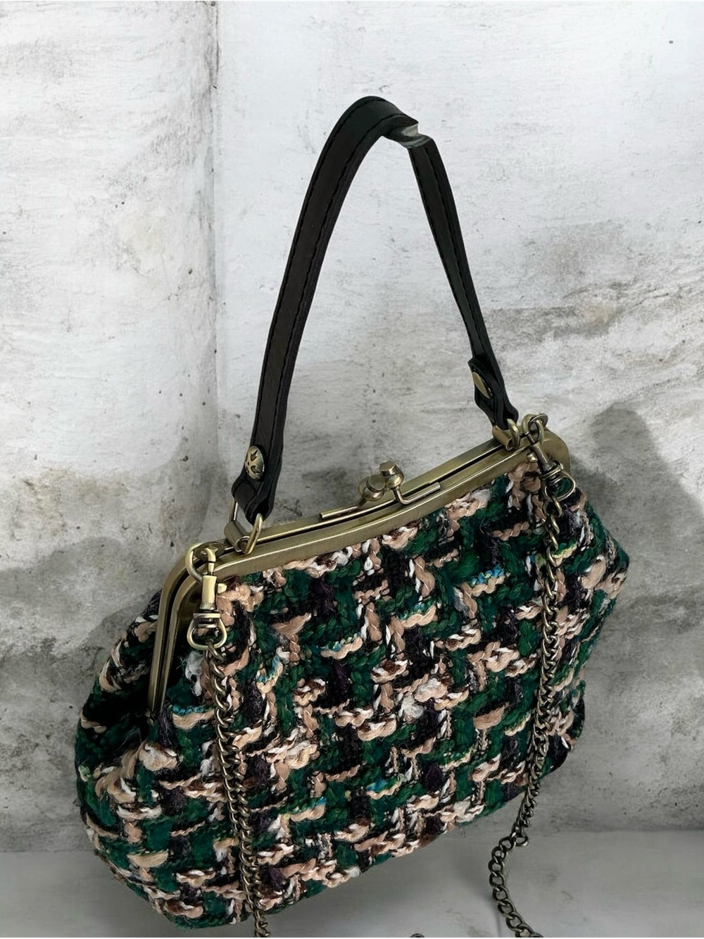 Patricia Nash Laureana Woven Tweed Kisslock Satchel Bag Silver Hardware